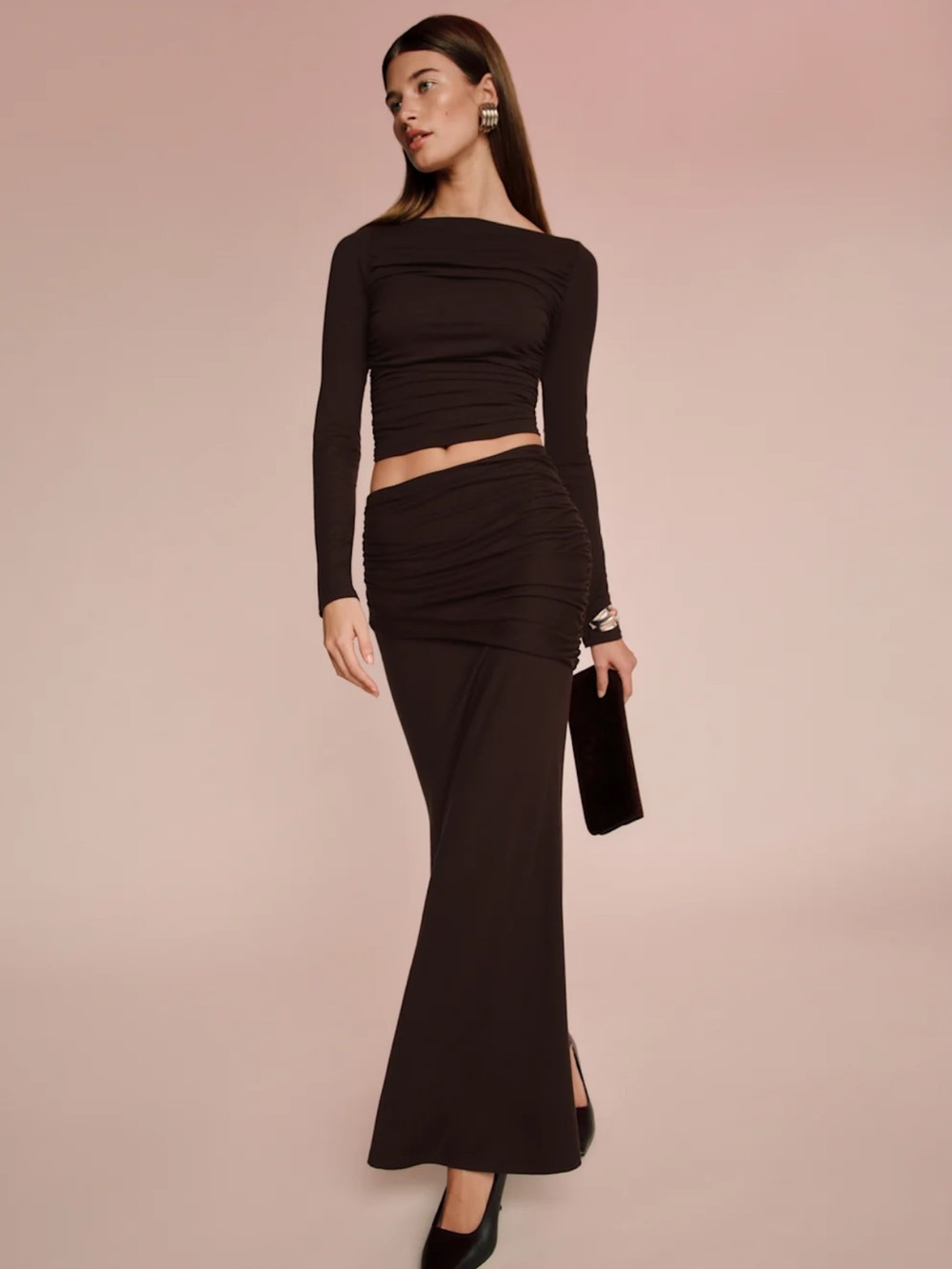 Reformation Black Ruched Maxi Skirt